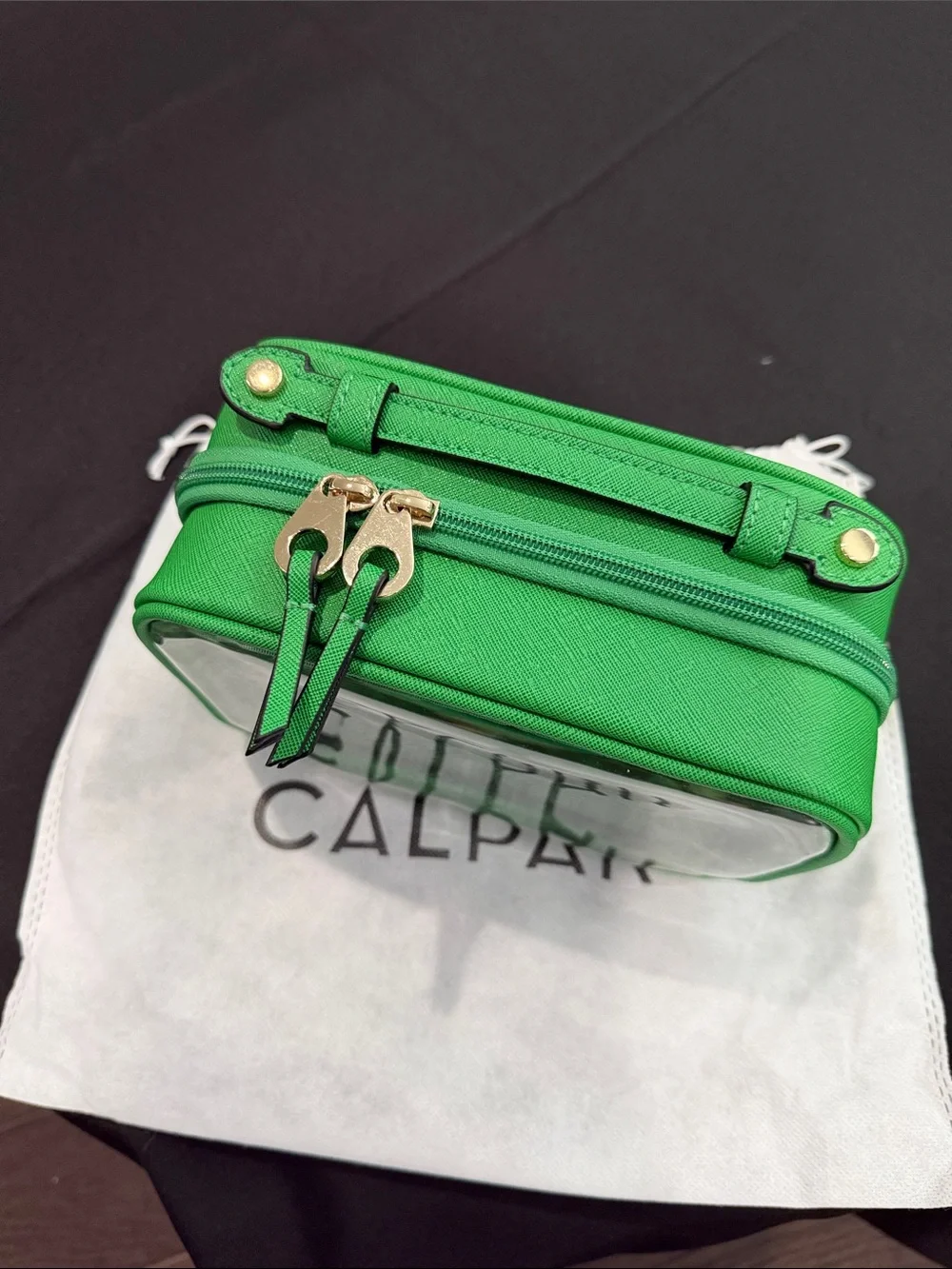 Small Calpak Clear Emerald Travel Pouch with Gold Hardware